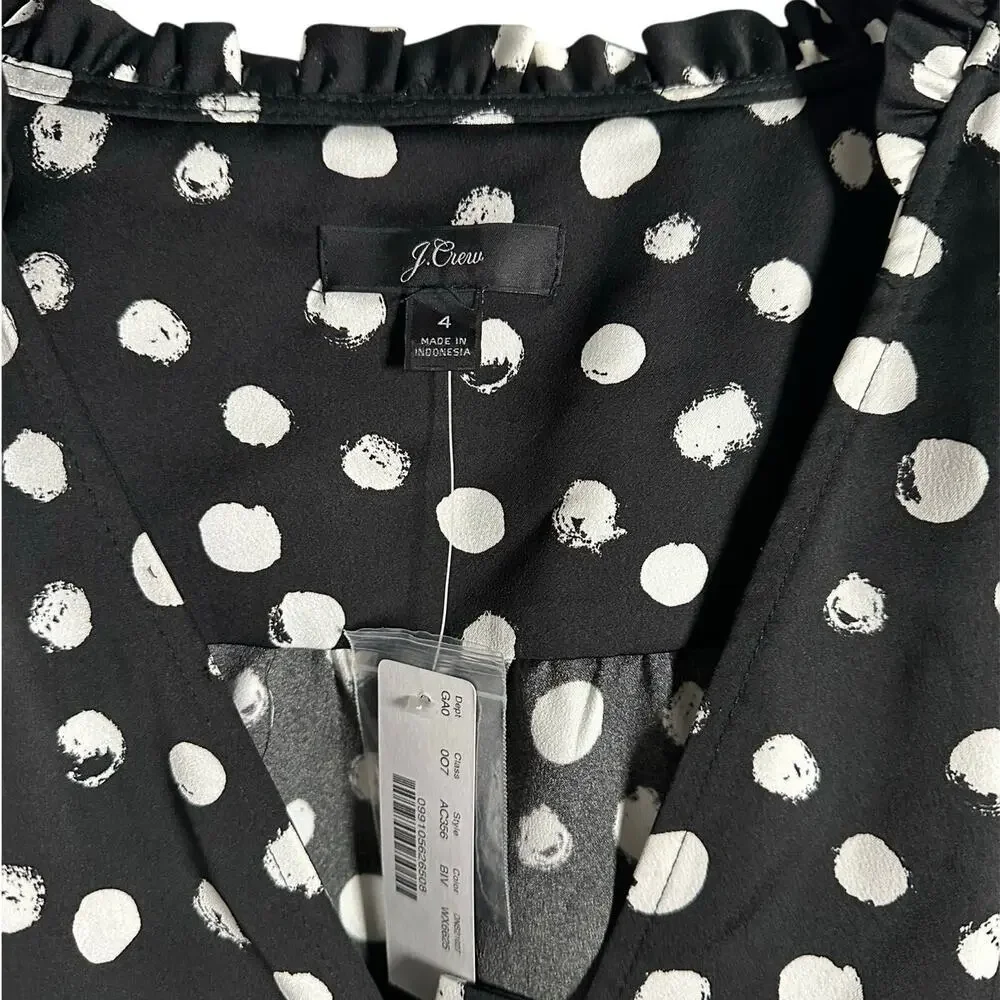 NWT J. Crew Black & White Polka Dot Satin Peplum Blouse Women's 4